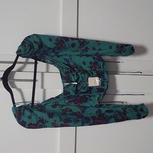 Free People Size XS Hilary Printed Keyhole Top Green Floral Boho Smocked - New